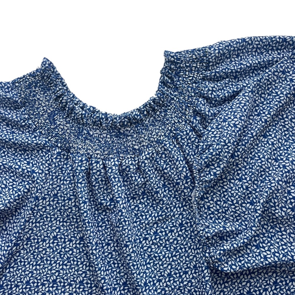 CBR Women's XL Blue White Boho Floral Smocked Off Shoulder Balloon Sleeve Blouse